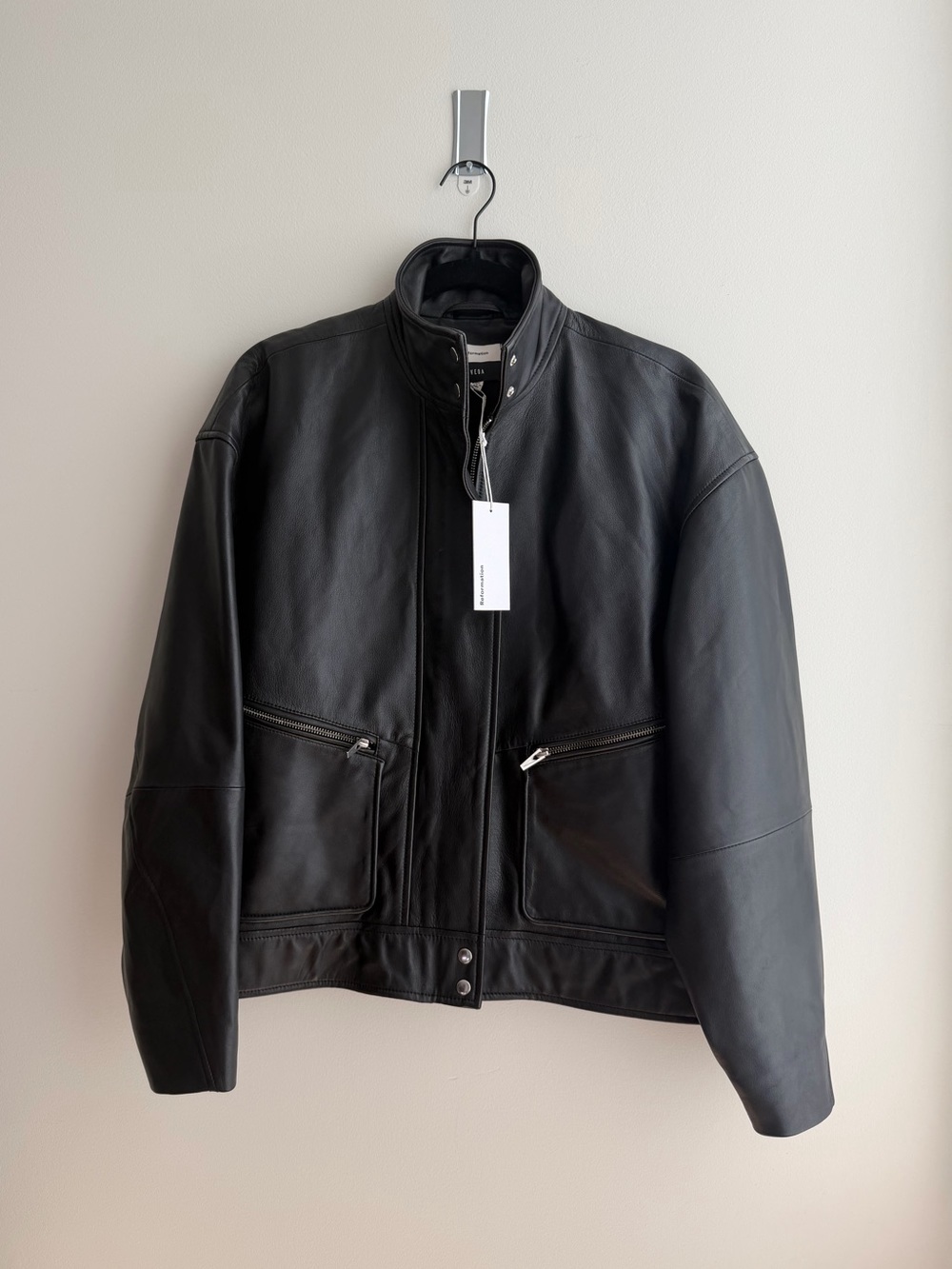 NEW Reformation Veda Harrison Leather Oversized Bomber Jacket, Black XS - Picture 8 of 16